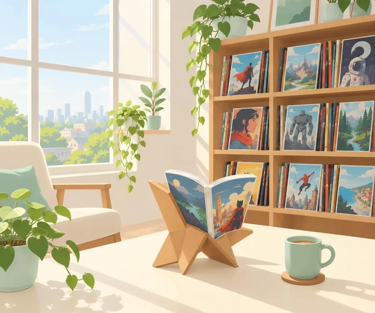 晴窗阅读室 场景 品牌阅读室场景插画:奶白房间、大窗户、木质书挡与一桌漫画书